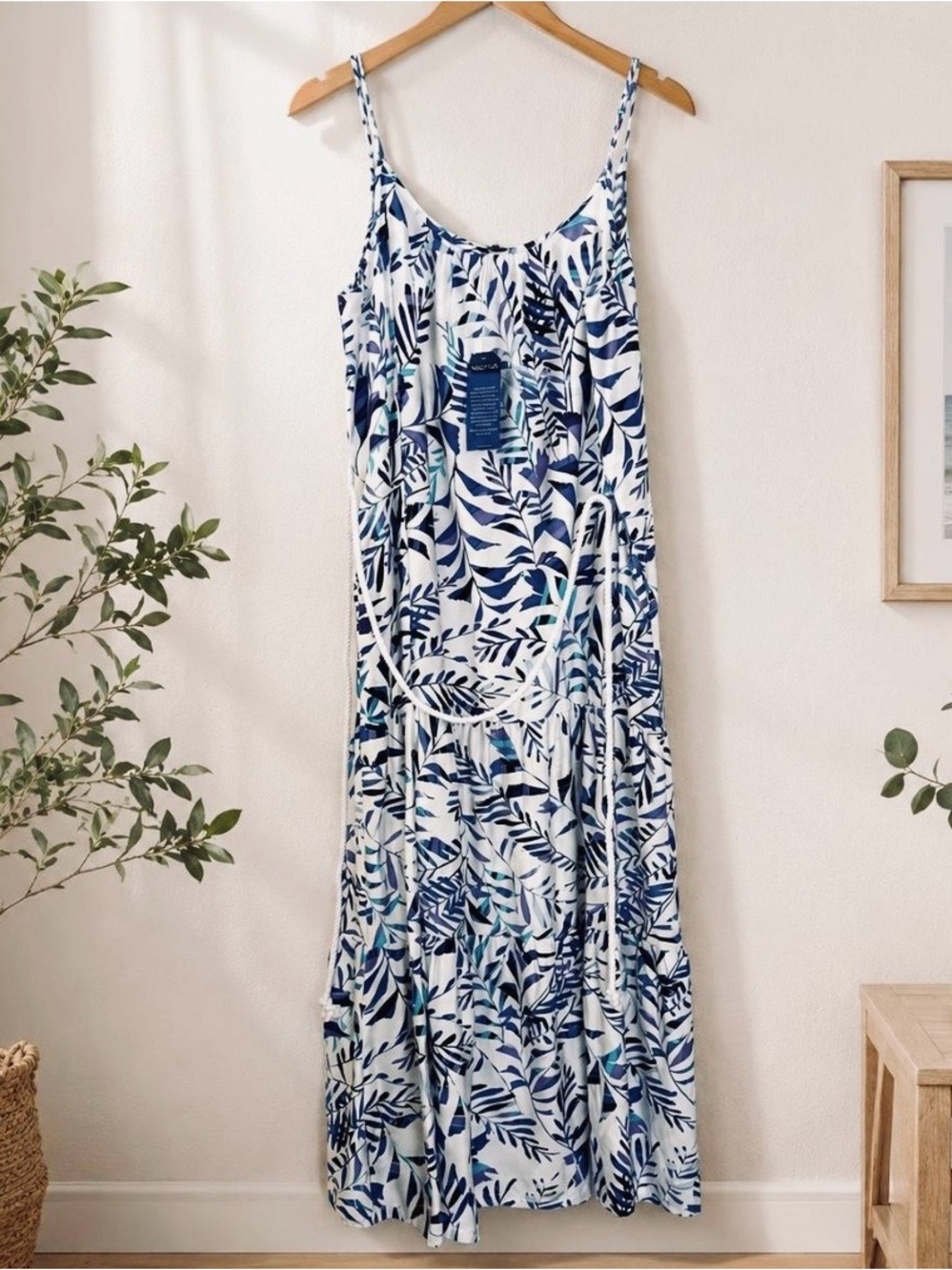 #58 Nautica Navy & Blue Leaf-Print White Maxi Sundress